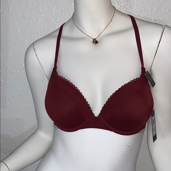 TOMMY HILFIGER LOGO SEAMLESS LACE TRIM PUSH-UP CONVERTIBLE BRA CABERNET 34C - Picture 4 of 8